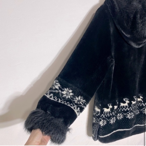 Alia Black Faux Fur Coat With Hood And Winter Themed Trim M - Picture 9 of 16